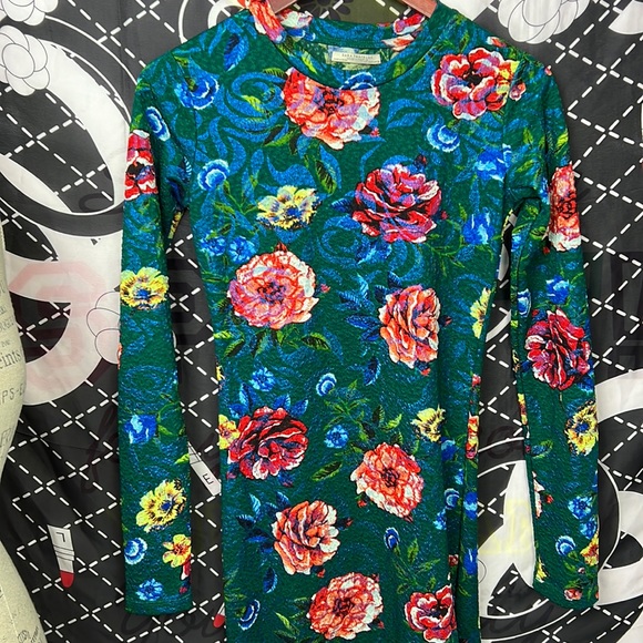 Zara Textured Green Floral Print Dress Gathered Side Size S Long Sleeve Bodycon - Picture 3 of 16